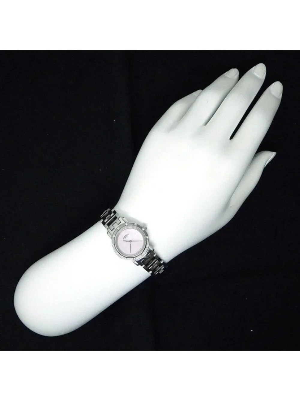 Hermes Watch Clipper Cles 12 Points Diamond Bezel Pink Shell Guilloche Dial SS